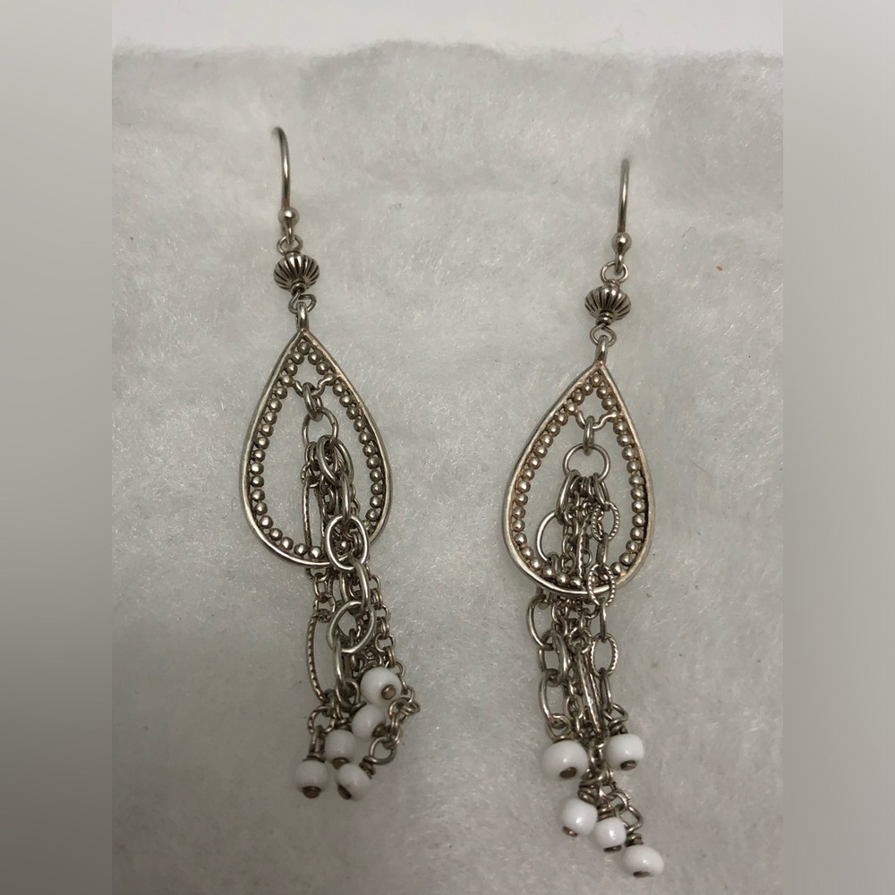 SILPADA White Seed Bead Silver Earrings Teardrop Chain RARE